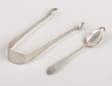 Rare, rural Pennsylvania sugar tongs and teaspoon, attributed to Charles Young, Chambersburg, PA,