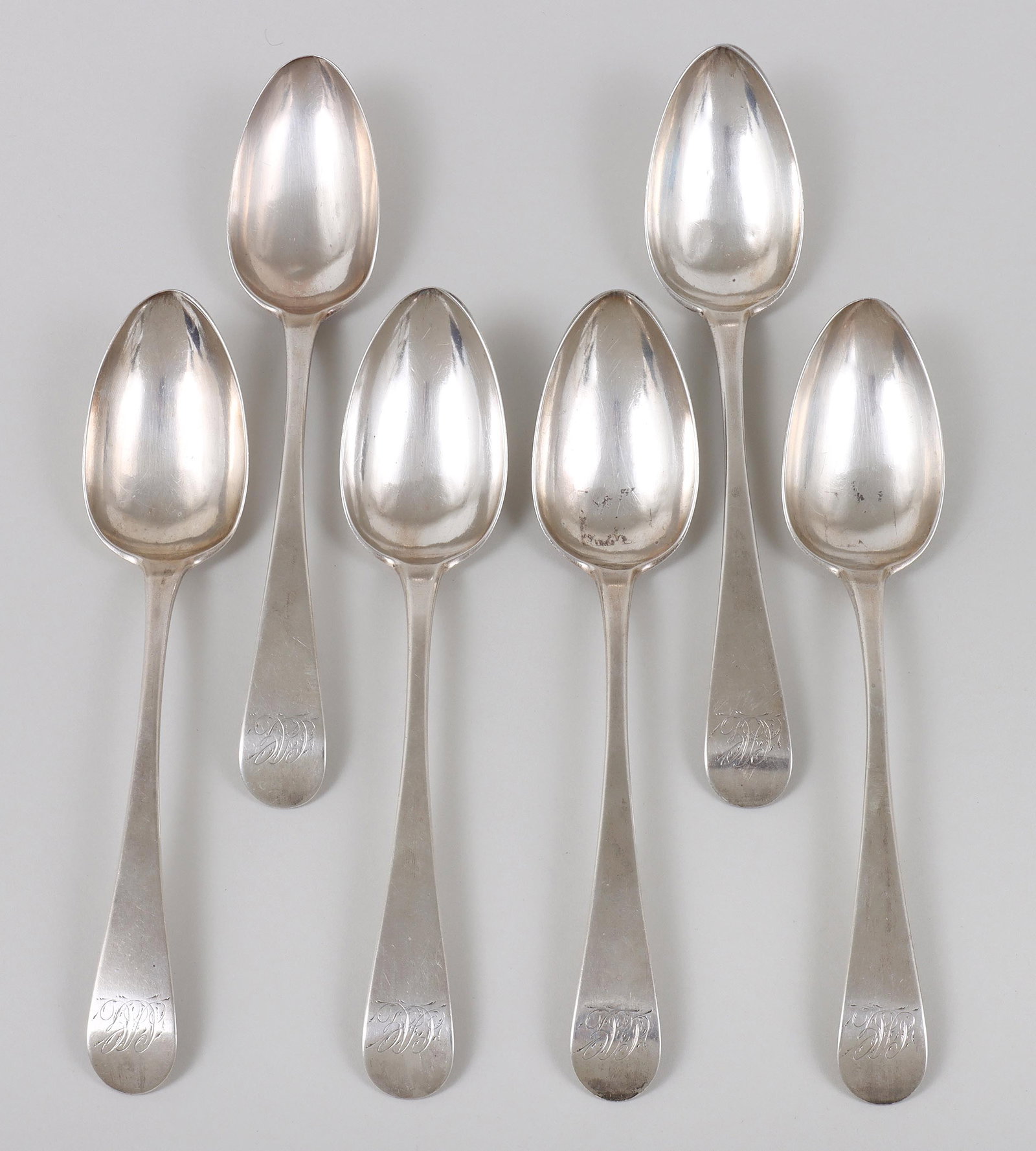 Fine set of (6) Philadelphia tablespoons, Chaudron's & Rasch, circa 1800.: Fine set of (6) Philadelphia tablespoons, Chaudron's & Rasch, circa 1800. Tapering handles to downturned oval ends. Upturned bowls with raised oval drops. Original script monograms on handle ends, &qu