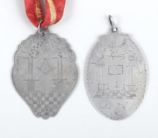 Group of (2) early Masonic medallions engraved with Masonic iconography.