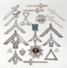 Group of (20) silver and coin silver Masonic badges and emblems.