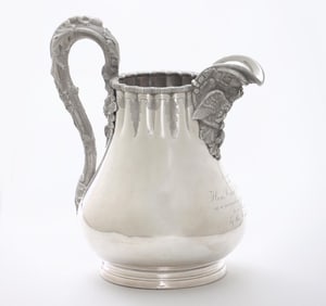 Ornate New England presentation water pitcher, Lincoln & Foss, Boston, circa 1860.