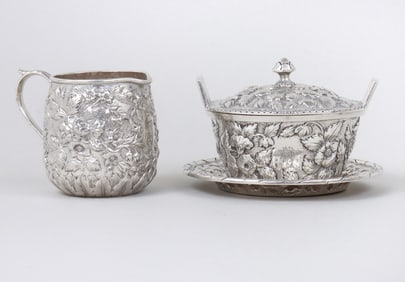 Group of (2) silver articles from the McKim family of Baltimore: a lidded mustard pot on tray and