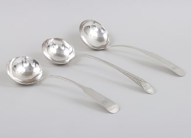Group of (3) Baltimore coin silver ladles: George Aiken, A.E.Warner, Samuel Kirk, circa 1795-1820.