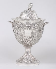 Large, ornate repousse covered sugar bowl, Andrew Ellicott Warner, Baltimore, 1848.