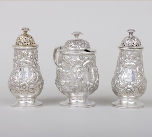 Group of (3): two casters and a mustard pot with matching crests, Andrew Ellicott Warner, Baltimore,
