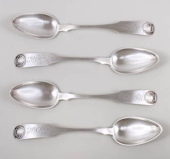 Set of (4) shell topped tablespoons owned by Mary and Francis Scott Key, made by Georgetown (D.C.): Set of (4) shell topped tablespoons owned by Mary and Francis Scott Key, made by Georgetown (D.C.) silversmith, Charles A. Burnett, circa 1810.Fiddle pattern handles with well-preserved shell decorati