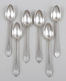 Set of (6) coin silver dessert spoons, Richard Van Sant, Baltimore, circa 1800.