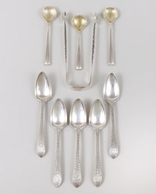 Group of (9) items of Baltimore silver, sugar tongs and spoons, 1795-1840.