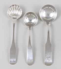Group of (3) early 19th century Maryland sauce ladles, L. Holland, R. Monteith, A. Johnston, circa
