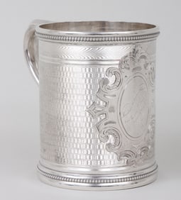 Engine turned mug with a Charleston, SC presentation inscription, Gale & Willis, NYC, retailed by