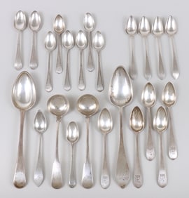 Group of (23) early American coin silver spoons by various makers, 1780-1815.