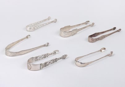 Group of (6) early American sugar tongs, various makers, circa 1790-1810.