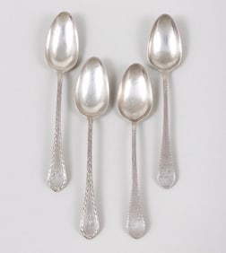 Group of (4) 18th century American scroll back teaspoons, maker "WH", dated 1788.