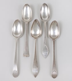 Group of (5) fancy-back and bird-back tablespoons by various makers, 18th century.