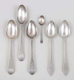 An interesting group of (6) 18th century American and other teaspoons.