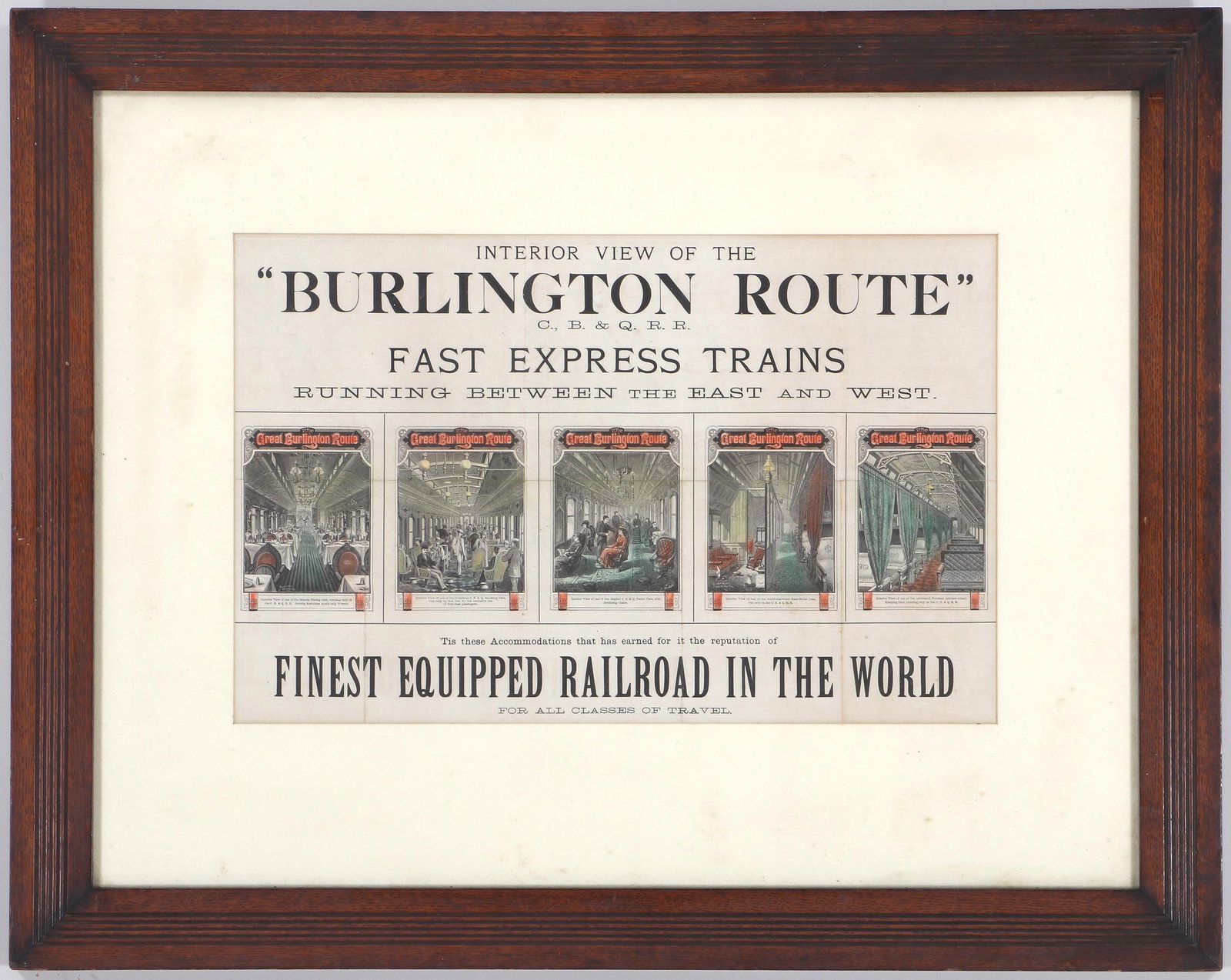 Chicago, Burlington and Quincy Railroad Printed Advertisement: Chicago, Burlington and Quincy Railroad Printed Advertisement with hand-coloring, "Interior View of the Burlington Route", having images of dining car, smoking car, parlour car, state room car, and Pu