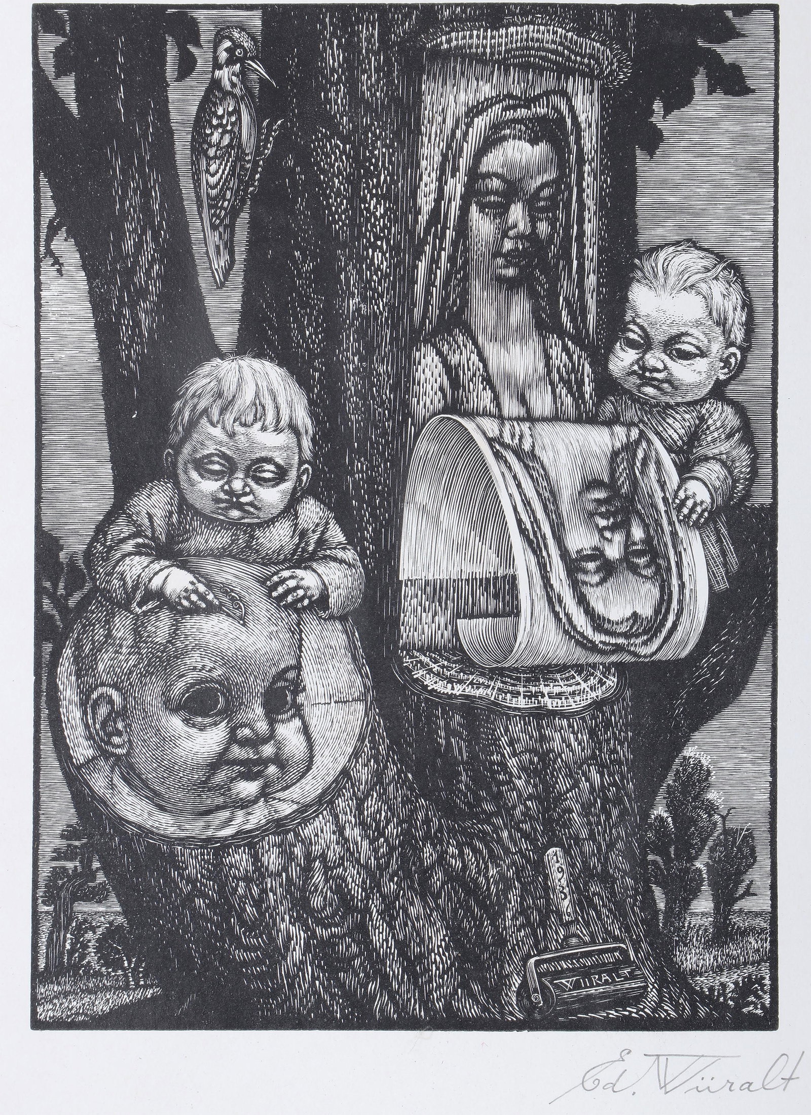 Eduard Wiiralt (Estonian 1898-1954), "The Birth of Wood Engraving", 1936, woodcut: Eduard Wiiralt Estonian, 1898-1954 "The Birth of Wood Engraving", 1936 woodcut pencil signed "Ed. Wiiralt" lower right margin, signed and dated in image lower right. Glue-mounted to cardboard and fram