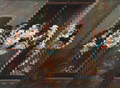 Continental School (19th Century), Group on Balcony, oil on canvas