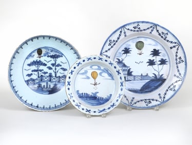 Group of (3) English Polychrome Delftware with Ballooning Scenes