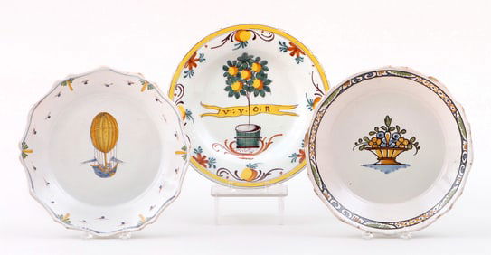 Group of (3) Dutch Delft and French Faience Polychrome Plates