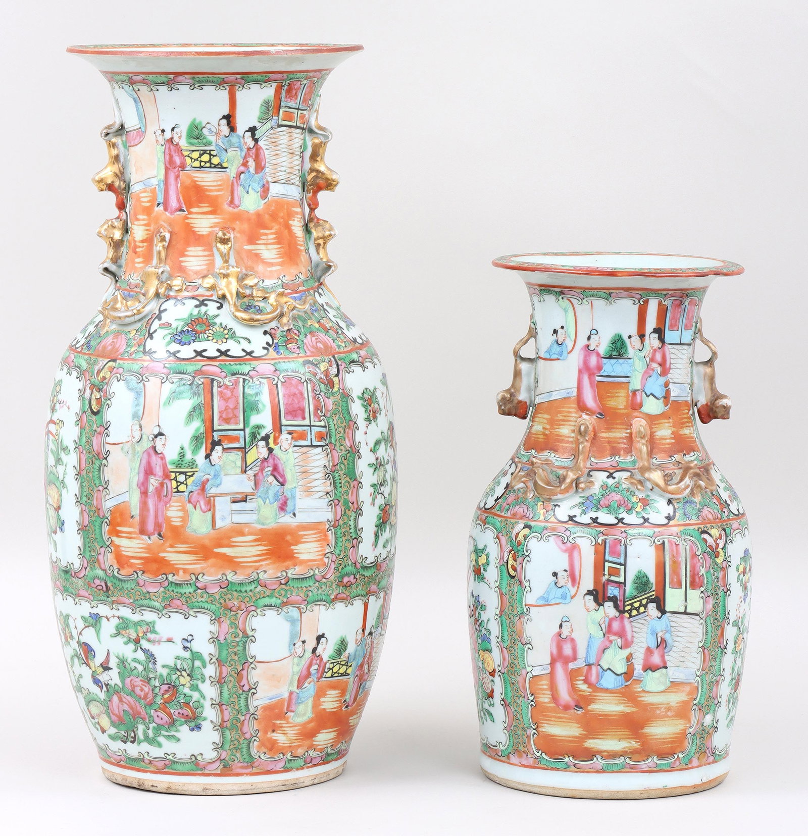 Group of (2) 19th Century Chinese Famille Rose Medallion Baluster Vases: Group of (2) 19th Century Chinese Famille Rose Medallion Baluster Vases having top rims with floral design, necks with gilt handles in the form of foo dogs, shoulders with applied gilt dragons and bod