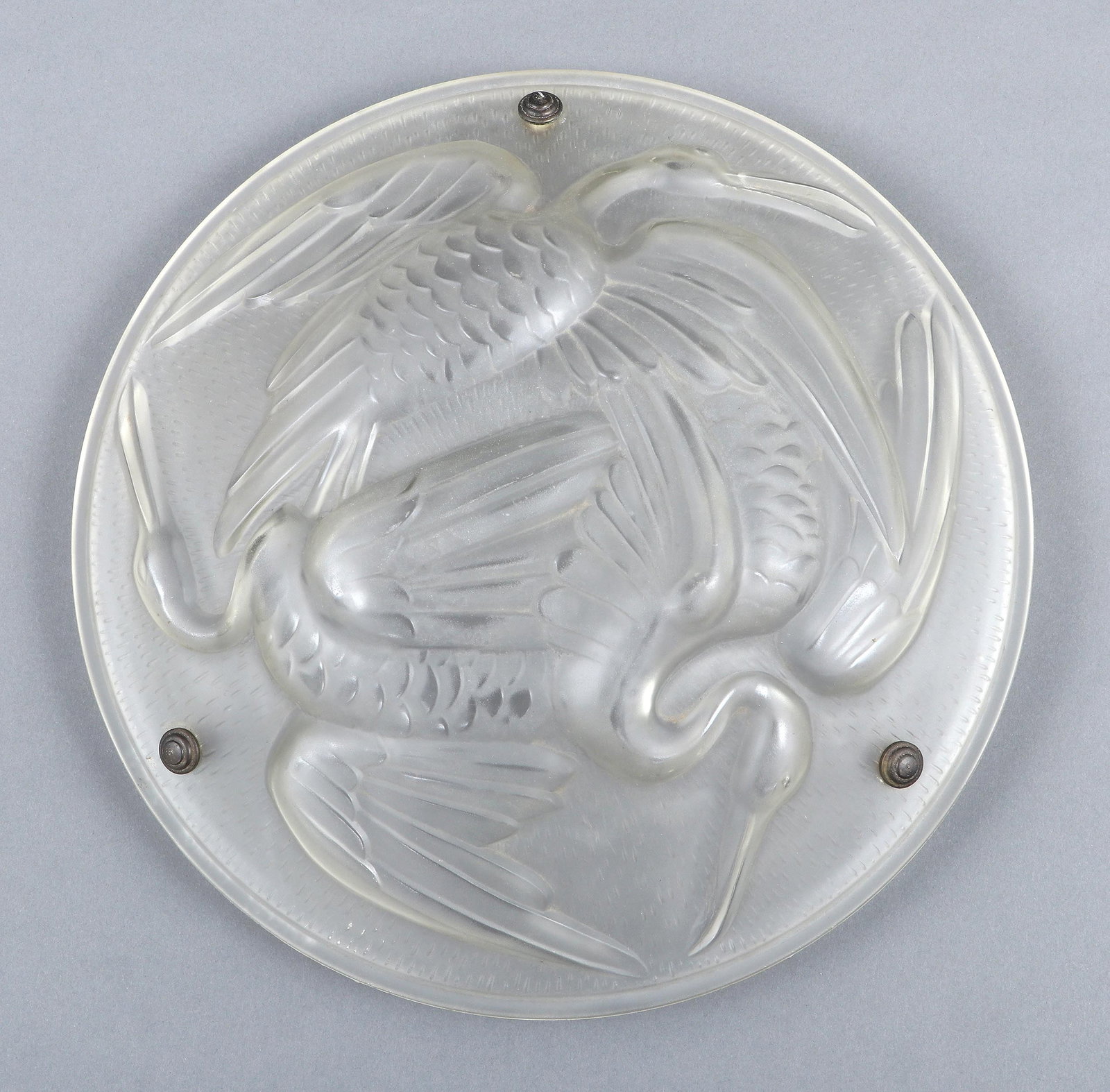 Jean Noverdy (French, active early 20th century), Art Deco molded glass pendant light: Jean NoverdyFrench, active early 20th centuryArt Deco molded glass pendant lightlate 1920s, the frosted exterior having herons in relief over a textured ground, embossed ''Noverdy France Depose'' to r