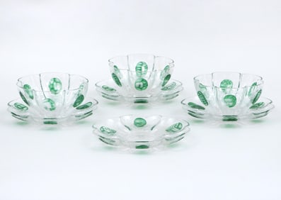 Set of (3) Art Deco Bohemian Cut-Glass Finger Bowls with Underplates