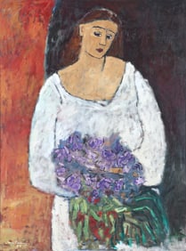 Monique Harvey (Canadian 1950-2001), "Femme au Grand Bouquet", 1987, oil on canvas