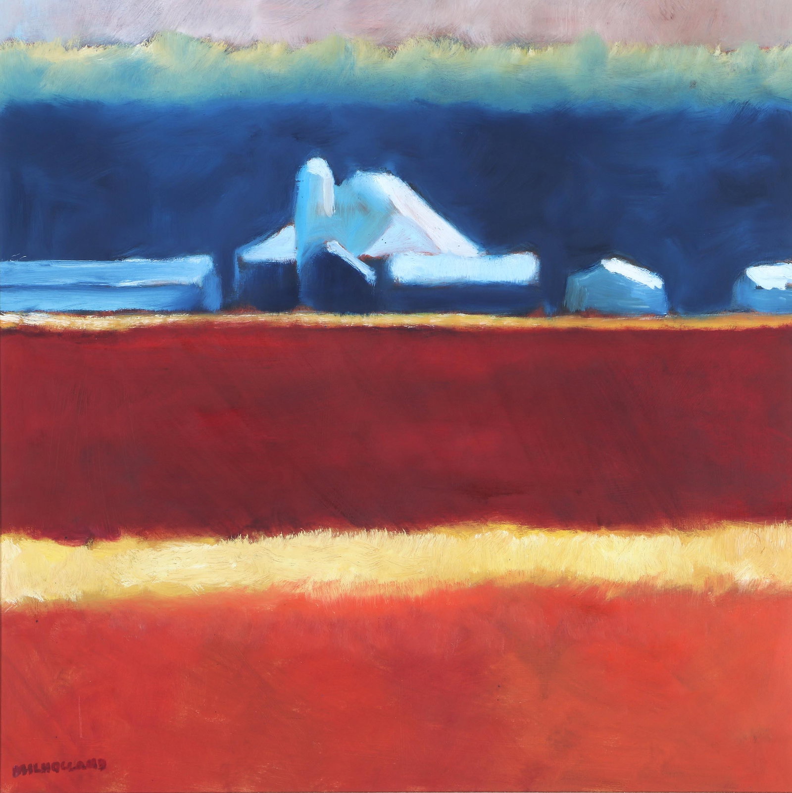 Pierce Milholland (American 1935-2005), "Skagit Valley", oil on canvas: Pierce Milholland American, 1935-2005 "Skagit Valley" oil on board signed "Milholland" lower left, titled on Runnings Gallery label adhered to frame paper verso. 27 1/4 sq. in. (69.2 sq. cm.), Frame 2