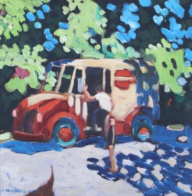 Pierce Milholland (American 1935-2005), "Milk Truck", oil on Masonite board