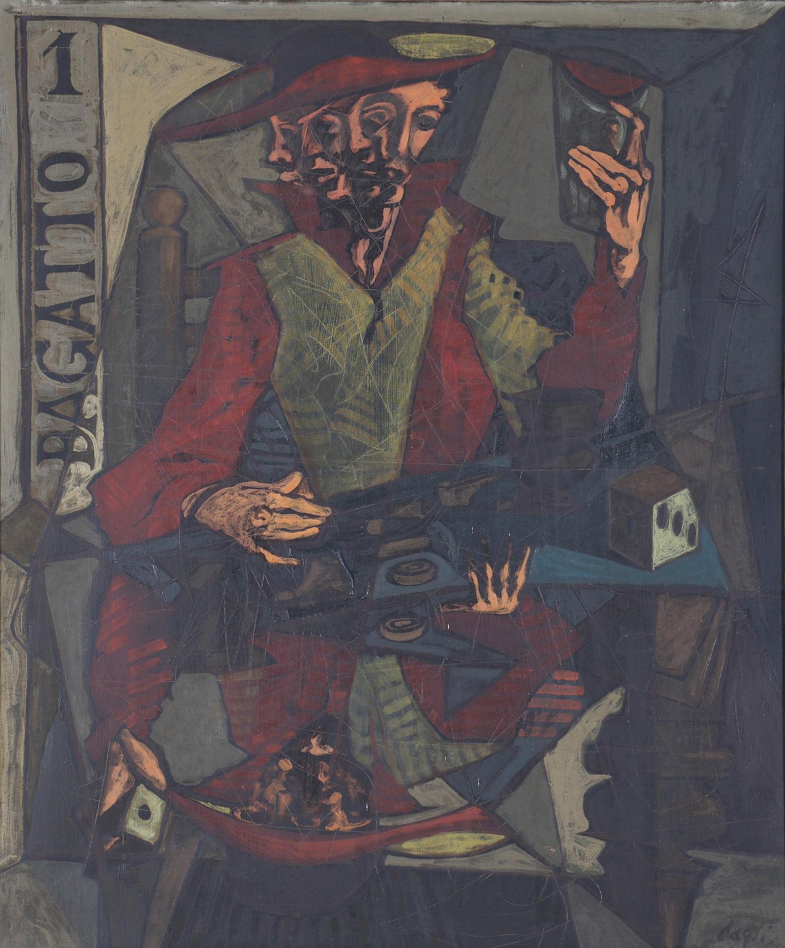 Corrado Cagli (Italian 1910-1976), "Il Bagatto", oil on canvas: Corrado CagliItalian/American, 1910-1976"Il Bagatto"oil on canvassigned and dated lower right.Canvas 37 1/4 x 30 3/4 in. (94.6 x 78.1 cm.), Frame 40 1/2 x 34 3/4