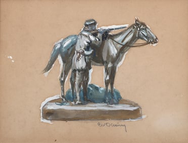 Edwin Willard Deming (American 1860-1942), Still Life with Sculpture of Hunter and Horse, gouache on