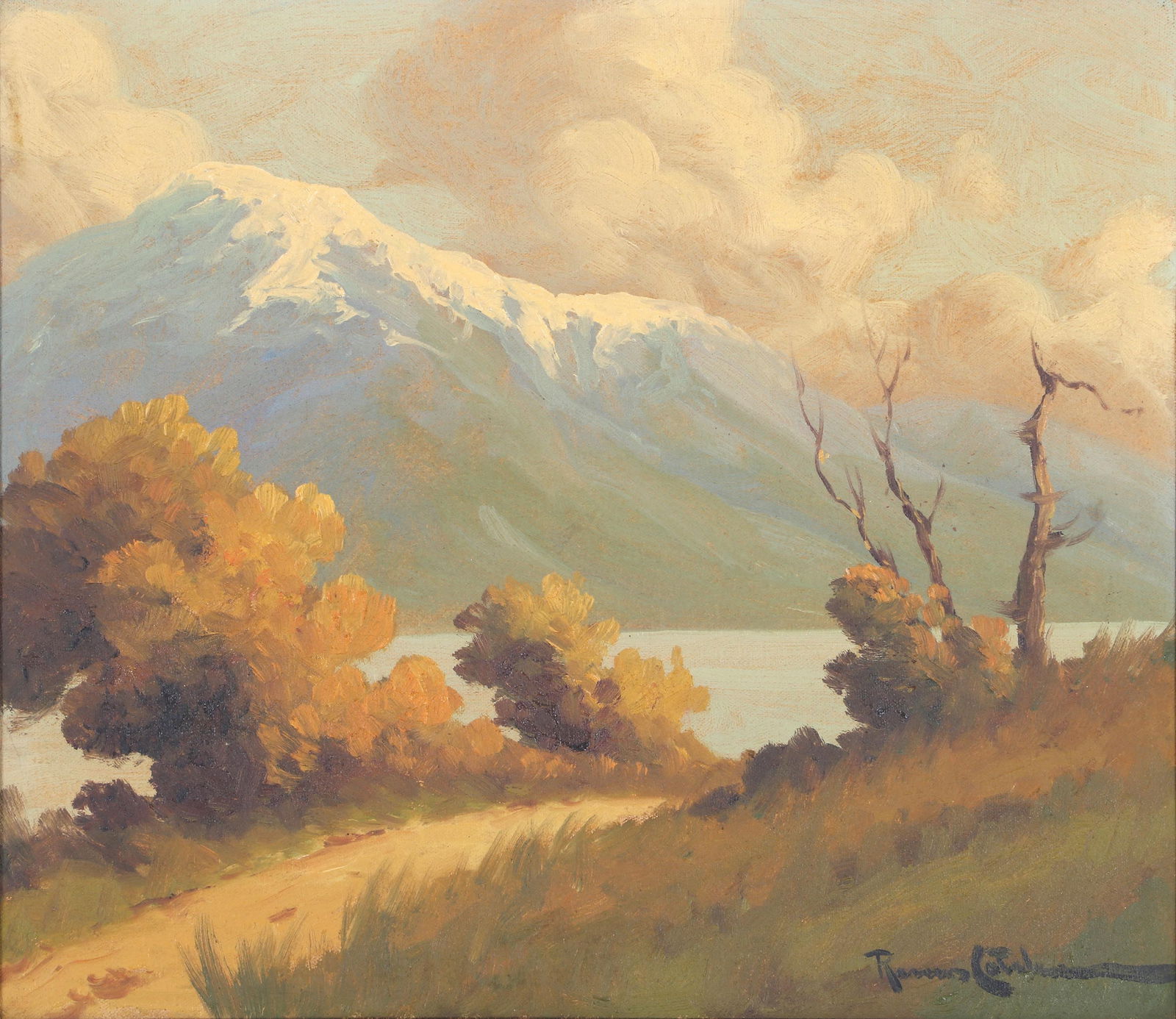 Ramos Catalan (Chilean 1888-1961), Mountain Landscape with Lake, oil on canvas: Ramos CatalanChilean, 1888-1961Mountain Landscape with Lakeoil on canvassigned lower right.Canvas 11 x 12 3/4 in. (27.9 x 32.4 cm.), Frame 13 1/4 x 15 in. (33.7 x 38.1 cm.)