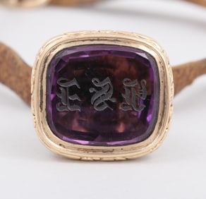 14k Gold Amethyst Fob Seal with Leather Strap