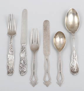 Group of (6) Tiffany, Gorham, and Frank Walter Lawrence Sterling Silver Flatware: Group of (6) Tiffany, Gorham, and Frank Walter Lawrence Sterling Silver Flatwareto include: (2) Tiffany & Co. flatware in the Nursery Rhyme pattern, one youth fork depicting "Little Bo Peep", and one