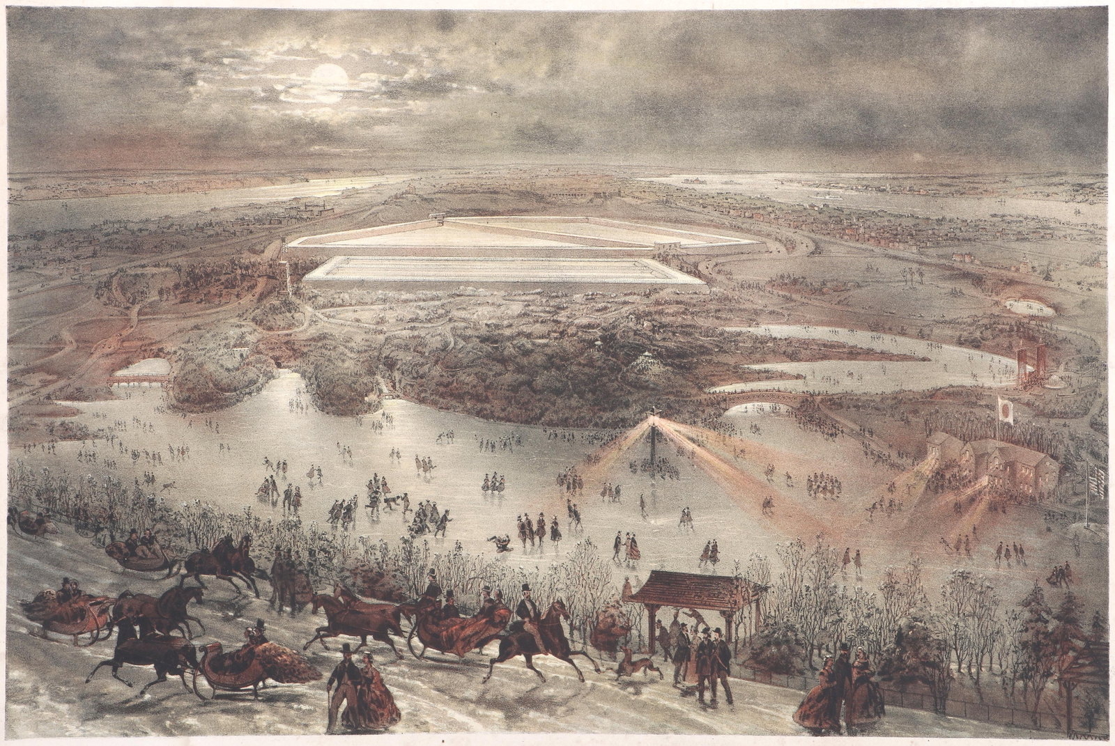 John Bachmann (American 1814-1896), "Central Park [Winter]", circa 1865, lithograph in colors: John Bachmann American, 1814-1896 "Central Park [Winter]", circa 1865 lithograph in colors lithograph by Julius Bien, published by Edmund Foerster & Co. Unmounted and framed under glass. Image 11 5/8