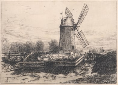 Samuel Colman (American 1832-1920), "Old Mill at Easthampton, L.I.", etching on rice paper