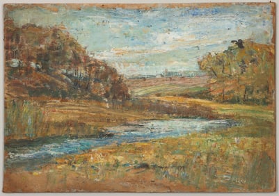 Julia M. Wickham (American 1866-1952), Landscape with Stream, oil on board