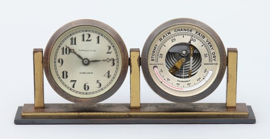 Chelsea Clock Co. for Tiffany & Co. Brass Desk Clock and Barometer