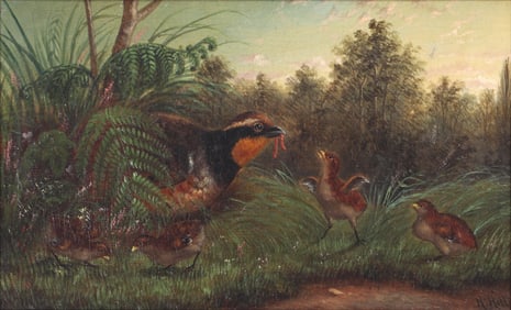 Howard L. Hill (American, Unknown - 1870), Quail Hen Feeding Her Chicks, oil on canvas