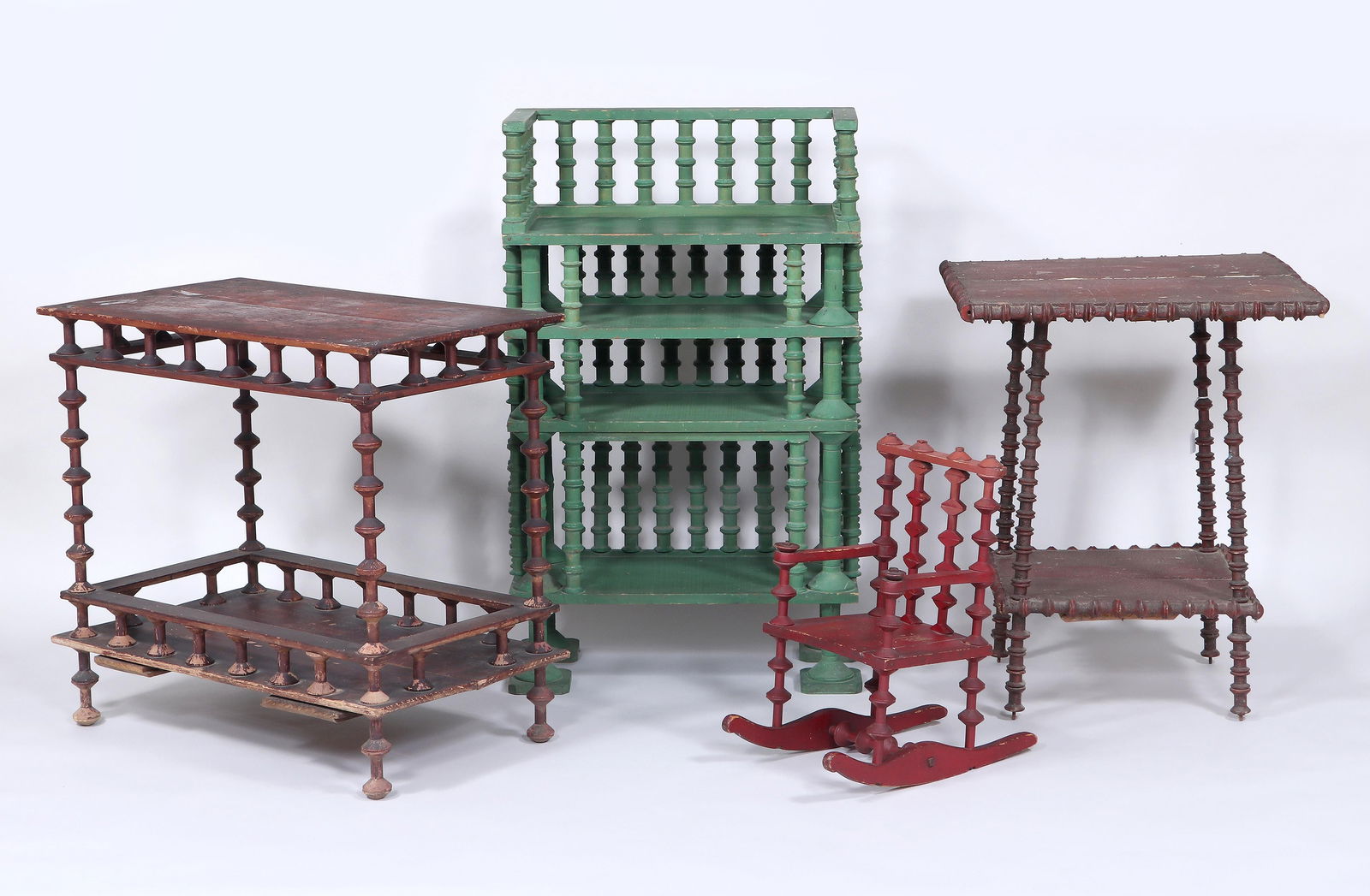 Group of (4) Folk Art Spool Furniture, 20th Century: Group of (4) Folk Art Spool Furniture, 20th Centuryto include: dark- red-painted side table with square top and undertier, dark- red-painted side table with rectangular top and galleried undertier; re