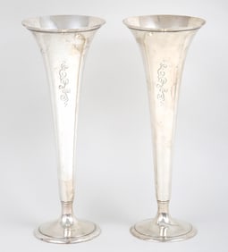 Tiffany & Co. Makers Pair of Large Sterling Silver Trumpet Vases