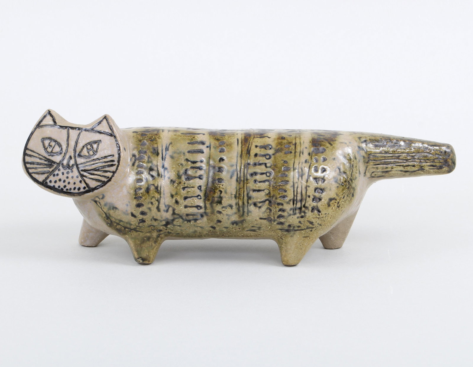 Lisa Larson (Swedish, 1931-2024): Lisa Larson (Swedish, 1931-2024) for Gustavsberg, Midcentury Modern "Katt" Ceramic Figurefrom the "Stora Zoo" ["Large Zoo"] series, c. 1957, in chamotte stoneware.4 1/2 x 13 1/8 x 3 1/2 in. (11.4 x 33