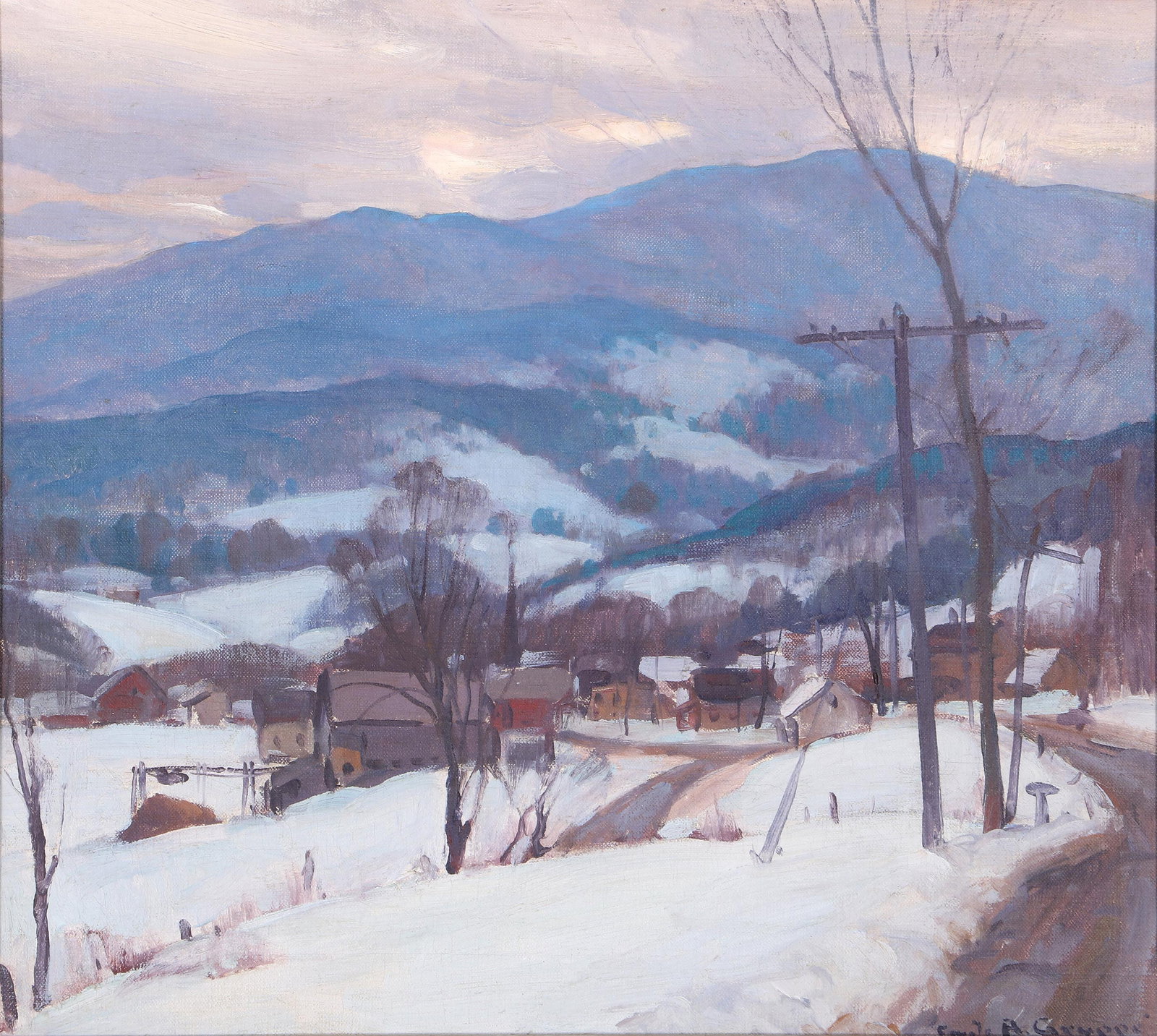 Emile Albert Gruppe (American, 1896-1978): Emile Albert GruppeAmerican, 1896-1978"Cambridge, Vermont", 1945oil on canvassigned lower right, titled and dated on canvas verso.Canvas 18 1/4 x 20 1/4 in. (46.4 x 51.4 cm.), Frame 21 x 23 in. (53.3