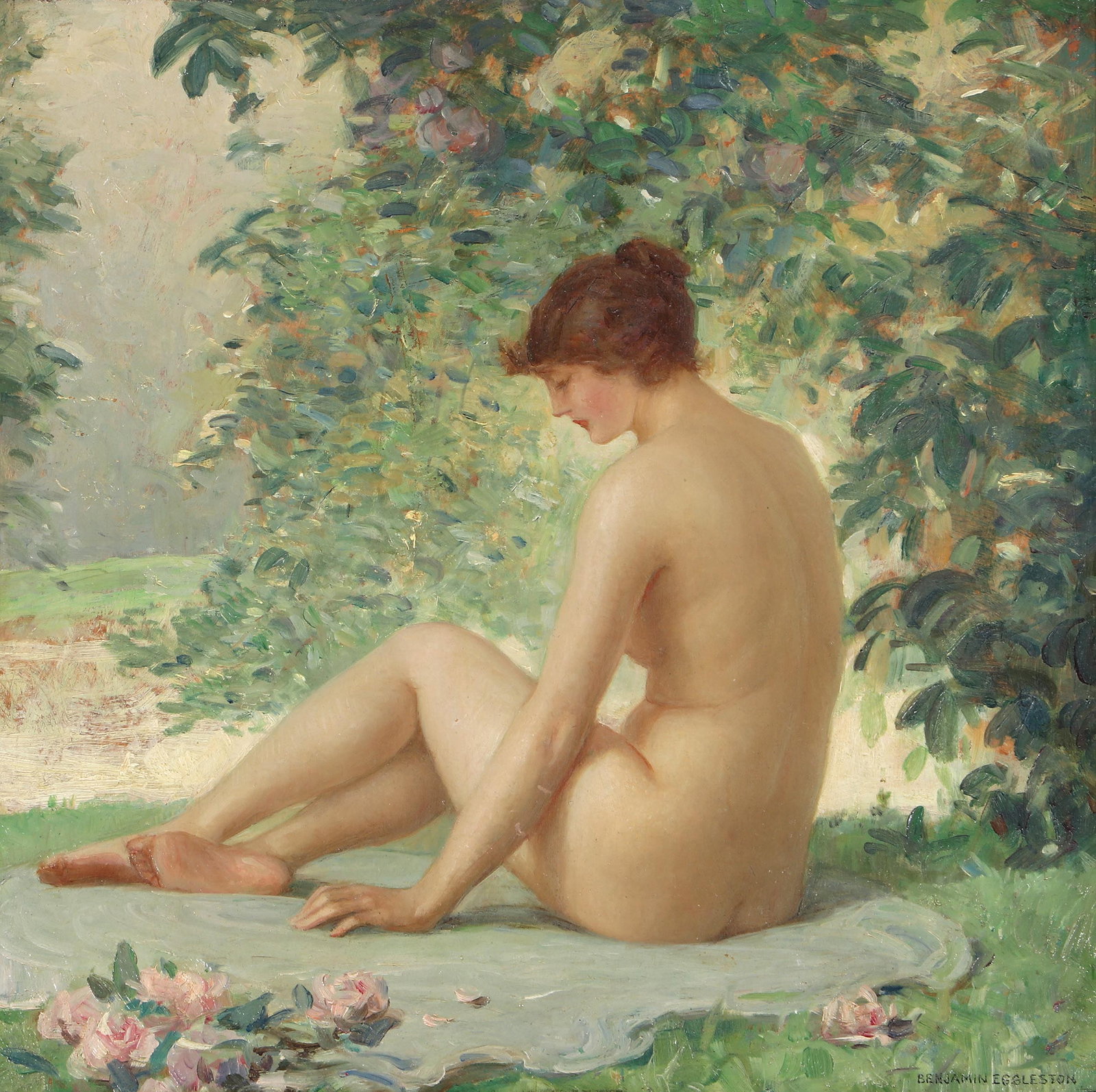 Benjamin Osro Eggleston (American, 1867-1937): Benjamin Osro Eggleston American, 1867-1937 Seated Female Nude oil on board signed lower right. Board sight 13 1/2 in. sq. (34.3 cm. sq.), Frame 18 1/2 in. sq. (47 cm. sq.)