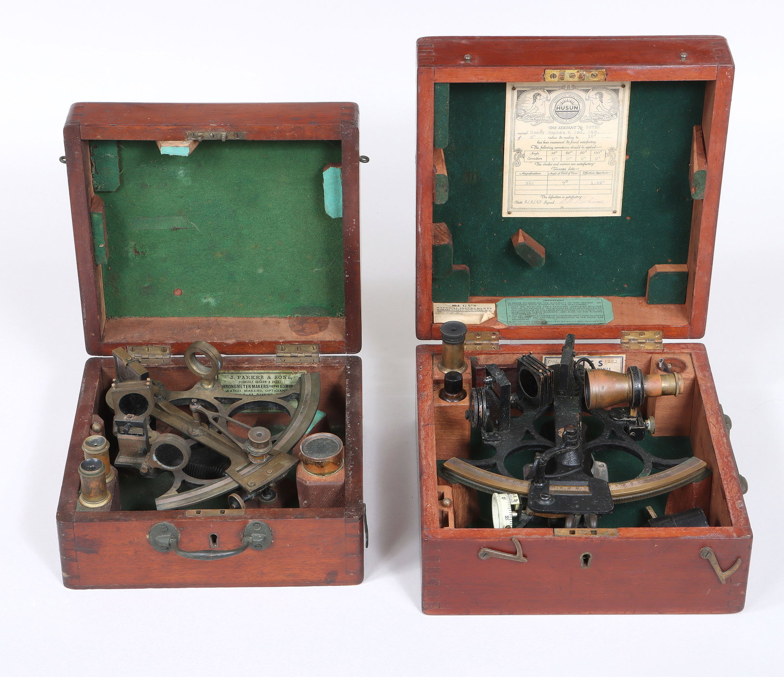 A. Johannsen & Co. and Henry Hughes & Son, Ltd.: Group of (2) English Mariner's Sextants in Wood Cases London, with "three-circle" frames and multiple filters or shades, in wood cases with dovetail construction, to include: 19th century A. Johannsen
