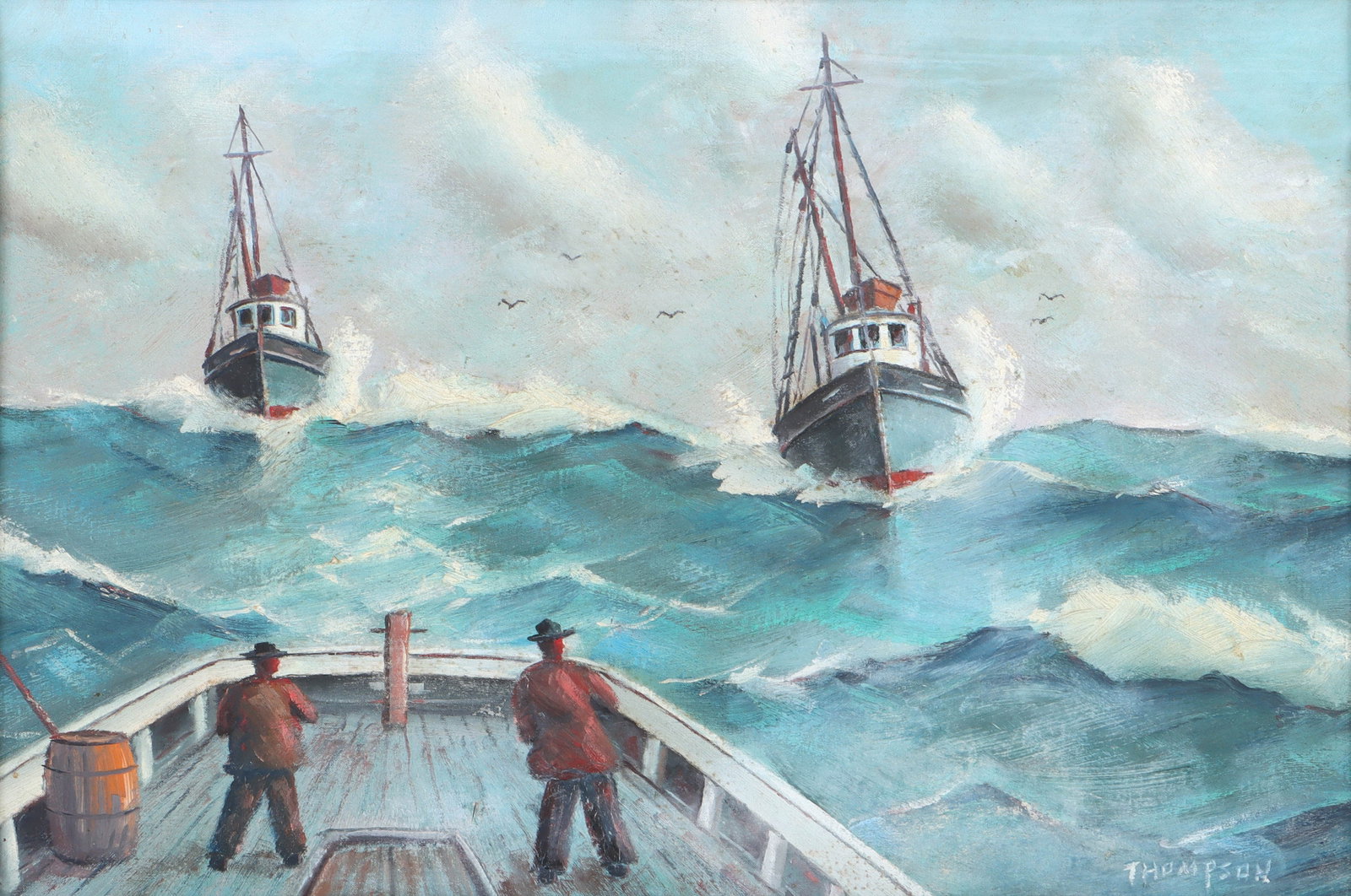 Ellery Thompson (American, 1899-1987): Ellery Thompson American, 1899-1987 "Stonington Dragons Racing Home", 1970 oil on canvasboard signed "Thompson" lower right, titled and dated on board verso. Board 23 3/4 x 36 in. (60.3 x 91.4 cm.), F