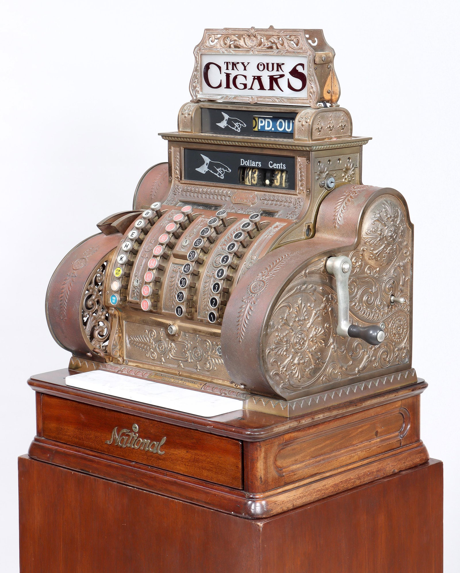 Brass National Cash Register, Dayton, OH, early 1900s: Brass National Cash Register Dayton, OH, early 1900s model 442-EL, serial no. 1391239W, with electric motor and light up "Hampton's Tobacco" and "Try Our Cigars" double-sided milk glass sign, along wi