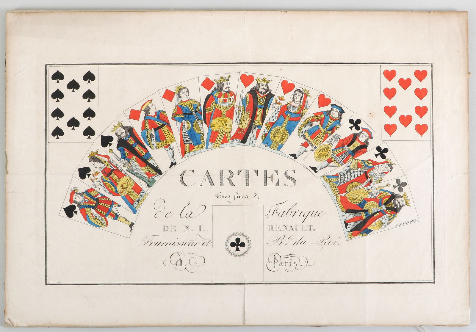 19th Century French Advertisement for Playing Cards: 19th Century French Advertisement for Playing Cardsengraving with hand-coloring on wove paper. Unmounted, framed under frosted glass.Sheet 13 1/2 x 19 1/4 in. (34.3 x 48.9 cm.), Frame 14 3/4 x 20 1/2