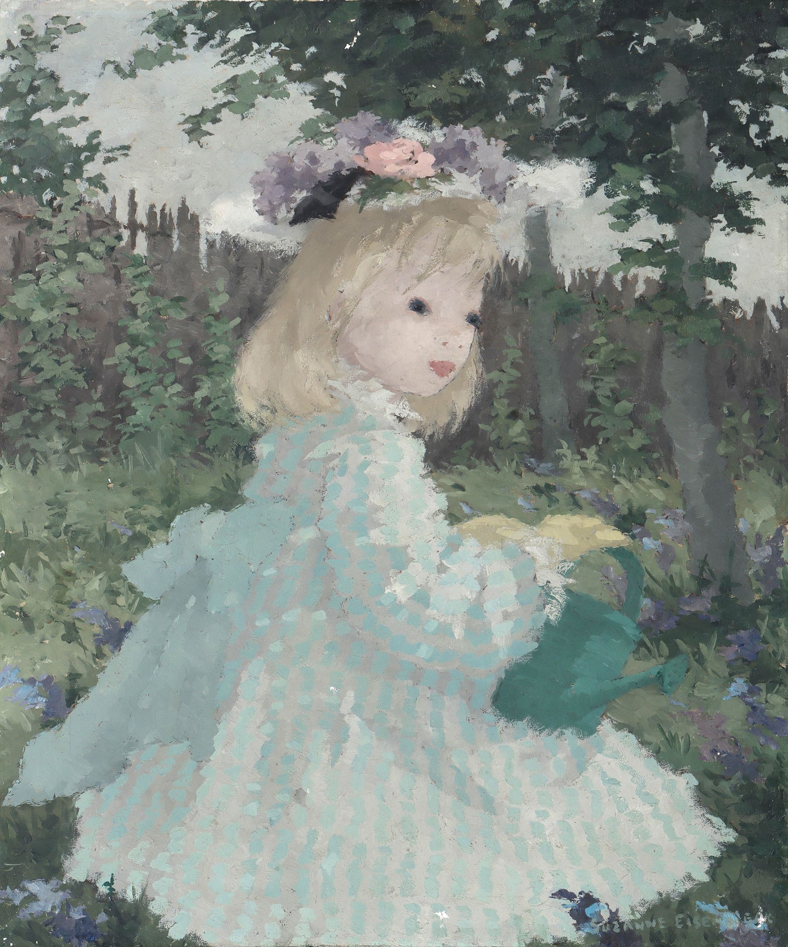 Suzanne Eisendieck (French, 1908-1998): Suzanne EisendieckFrench, 1908-1998Girl in a Gardenoil on canvassigned lower right.Canvas 21 1/2 x 18 in. (54.6 x 45.7 cm.), Frame 22 1/2 x 19 in. (57.2 x 48.3 cm.)